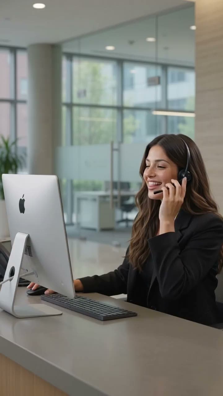 A front-desk coordinator with a headset opening the company’s Lexir report on her monitor