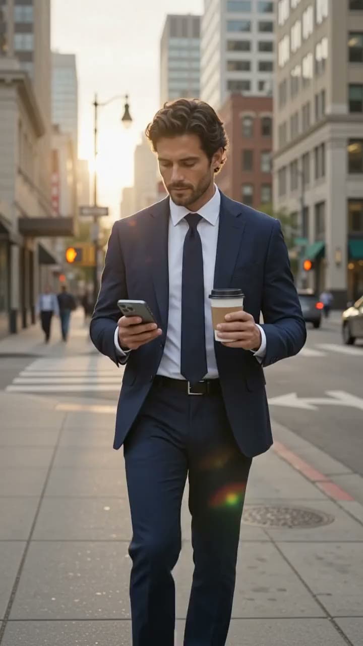 A business owner downtown at golden hour reading his company’s Lexir report on his phone