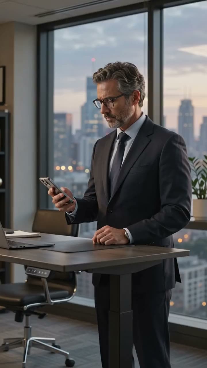 A business owner at a standing desk running the Lexir audit on his phone, city skyline behind him
