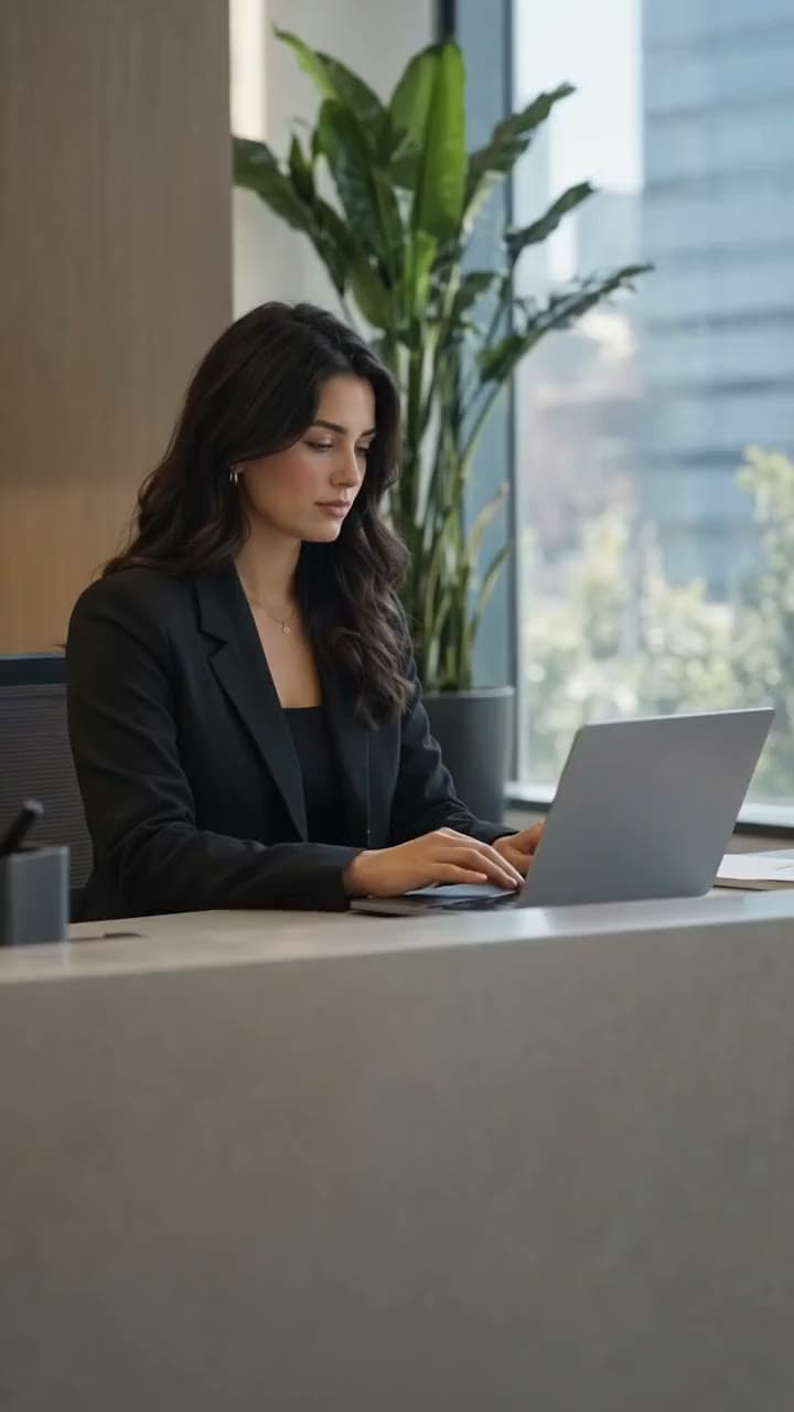 A receptionist reading the company’s Lexir report on a laptop at a minimalist reception desk