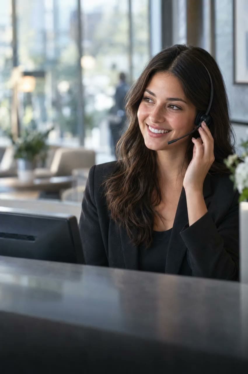 A receptionist with a headset answering a call in a modern office